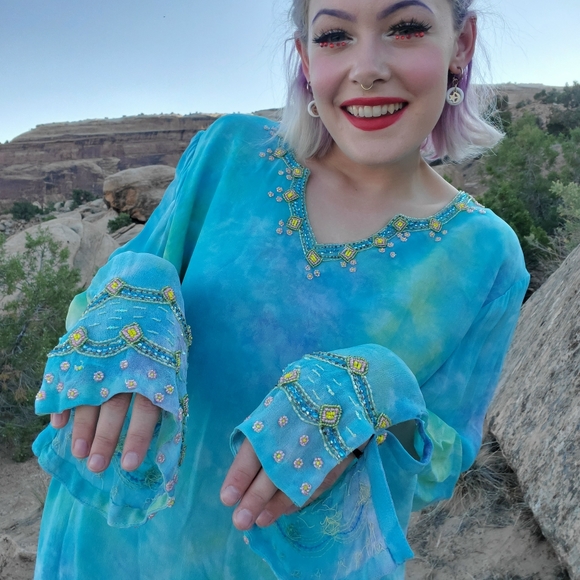 Roaman's Blue Tie Dye Beaded Chiffon Dress - Picture 9 of 14